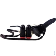 Женский страпон с вибрацией - двухсторонний черный латексный страпон на пристежках фото