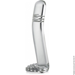 Фото стекляное dildo гибкий пенис на подставке с яичками в профессиональном Секс Шопе