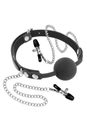 Фото fetish tentation rigid gag ball with nipple clamps - воздухопроницаемый кляп с зажимами для сосков  в профессиональном Секс Шопе